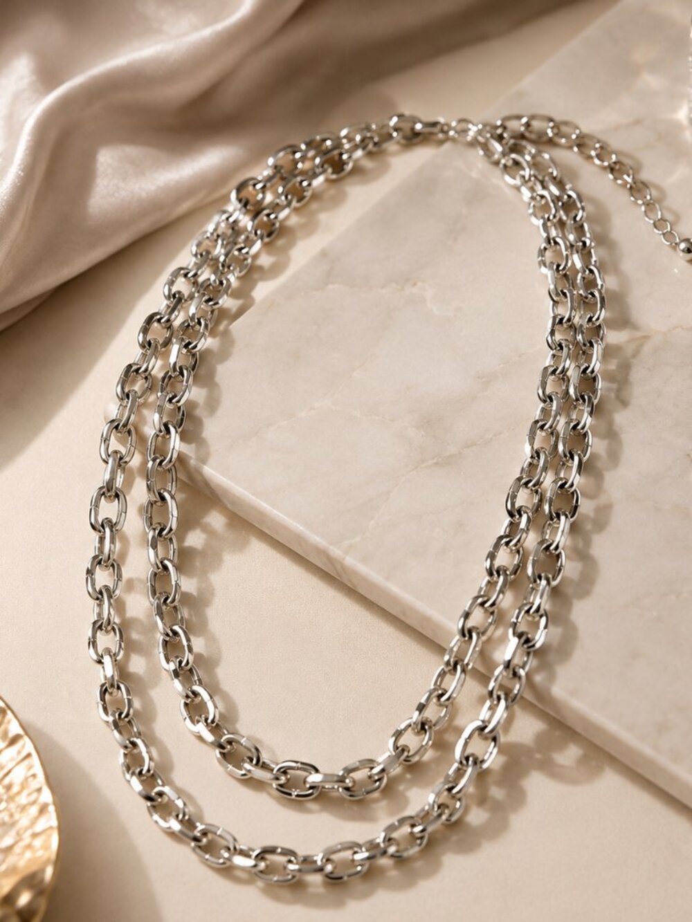 Silver Tone Double Strand Chain Necklace – Modern Layered Statement Jewelry